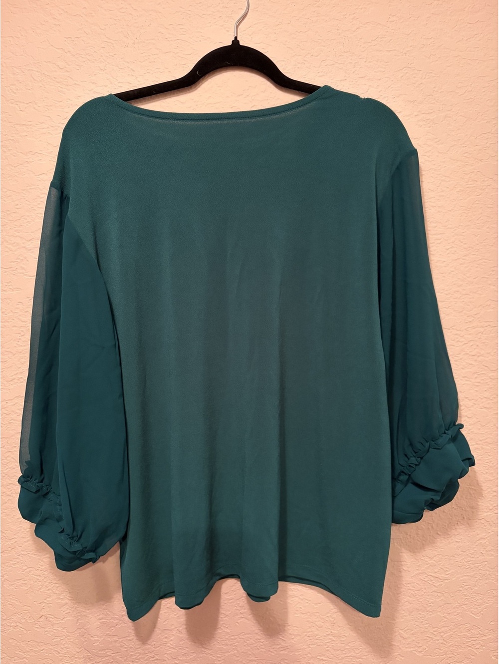 Plus Size Teal Blue Sheer Sleeve Blouse with Ruffle Cuffs - Picture 3 of 4